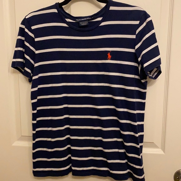 Blue and white striped Polo top. Size L - Picture 1 of 4